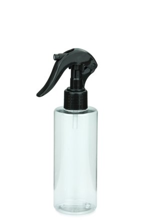 200 ml PETG-Flasche transparent, Ø 50 mm, Mini-Trigger-Sprühzerstäuber schwarz