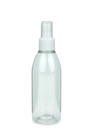 200 ml R-PET-Flasche transparent, Ø 50,4 mm, Sprühzerstäuber weiß, geriffelt