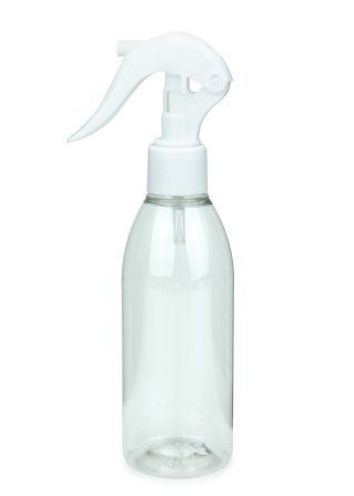 200 ml R-PET-Flasche transparent, Ø 50,4 mm, Mini-Trigger-Sprühzerstäuber weiß, glatt