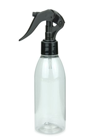 200 ml R-PET-Flasche transparent, Ø 50,4 mm, Mini-Trigger-Sprühzerstäuber schwarz, glatt