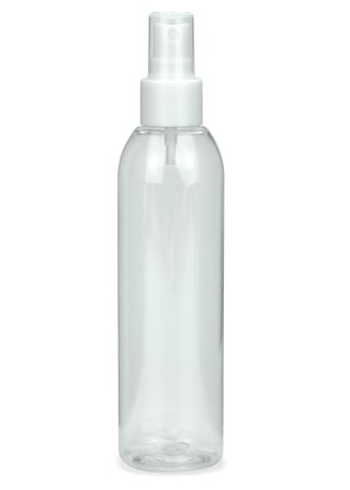 200 ml PET-Flasche transparent, Ø 45,8 mm, Sprühzerstäuber weiß, glatt