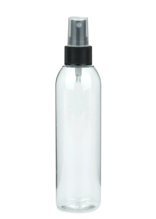 200 ml R-PET-Flasche transparent, Ø 45,8 mm, Sprühzerstäuber schwarz, geriffelt