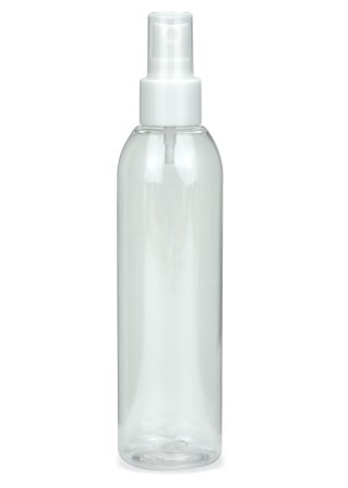 200 ml R-PET-Flasche transparent, Ø 45,8 mm, Sprühzerstäuber weiß, glatt