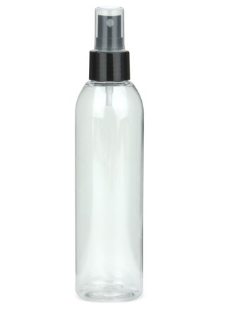 200 ml R-PET-Flasche transparent, Ø 45,8 mm, Sprühzerstäuber schwarz, glatt