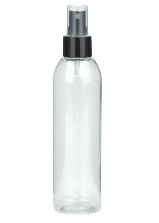 200 ml PET-Flasche transparent, Ø 45,8 mm, Sprühzerstäuber schwarz, glatt