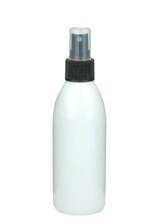 200 ml PET-Flasche weiß, Ø 50,4 mm, Sprühzerstäuber schwarz, geriffelt
