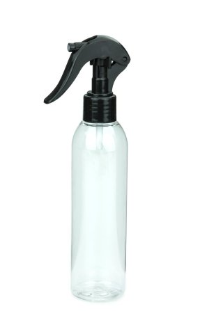 200 ml PET-Flasche transparent, Ø 45,8 mm, Mini-Trigger-Sprühzerstäuber schwarz