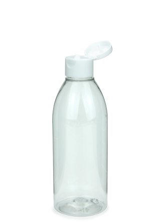 250 ml R-PET-Flasche transparent, Ø 54,5 mm, Klappverschluss weiß