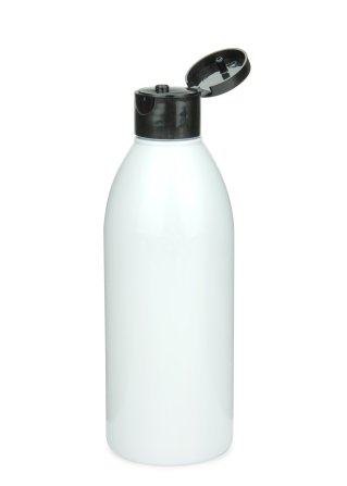250 ml R-PET-Flasche weiß, Ø 54,5 mm, Klappverschluss schwarz