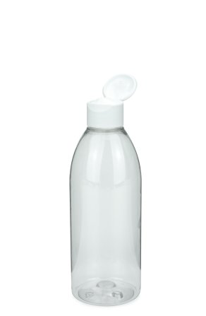 250 ml PET-Flasche transparent, Ø 54,5 mm, Klappverschluss, Softline matt weiß