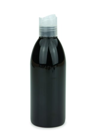 250 ml PET-Flasche schwarz, Ø 54,5 mm, Disc-Top-Verschluss transparent