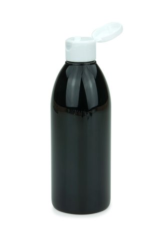 250 ml PET-Flasche schwarz, Ø 54,5 mm, Klappverschluss weiß