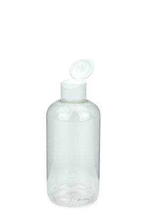 250 ml PET-Flasche transparent, Ø 58,0 mm, Klappverschluss, Softline matt weiß