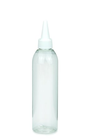 250 ml PET-Dosierflasche transparent, Ø 49,0 mm, Schraubkappe weiß