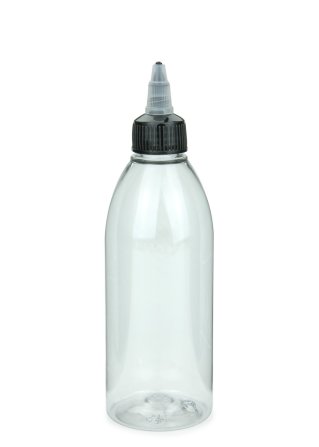 250 ml R-PET-Dosierflasche transparent, Ø 54,5 mm, On/Off-Verschluss (schwarz/transparent)