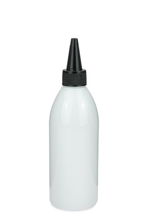 250 ml R-PET-Dosierflasche weiß, Ø 54,5 mm, Schraubkappe schwarz