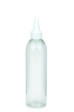 250 ml R-PET-Dosierflasche transparent, Ø 49,0 mm, Schraubkappe weiß