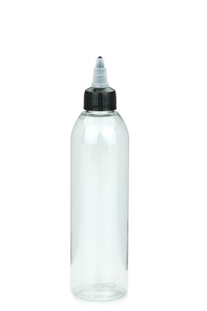 250 ml R-PET-Dosierflasche transparent, Ø 49,0 mm, On/Off-Verschluss (schwarz/transparent)