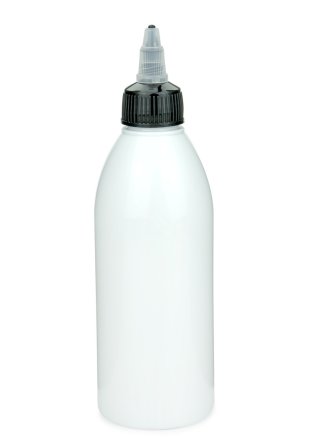 250 ml PET-Dosierflasche weiß, Ø 54,5 mm, On/Off-Verschluss (schwarz/transparent)