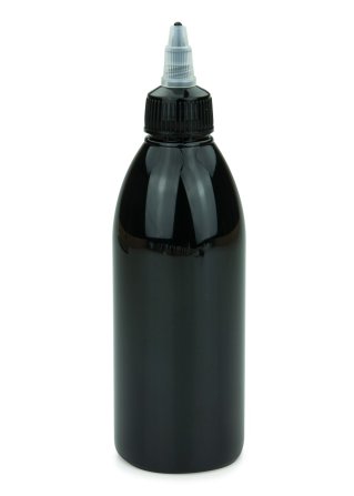 250 ml PET-Dosierflasche schwarz, Ø 54,5 mm, On/Off-Verschluss (schwarz/transparent)