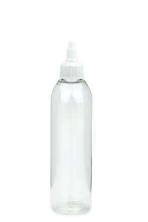 250 ml PET-Dosierflasche transparent, Ø 49,0 mm, On/Off-Verschluss weiß