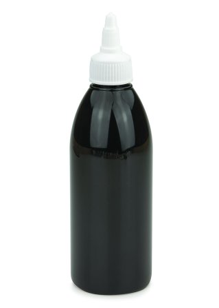 250 ml PET-Dosierflasche schwarz, Ø 54,5 mm, On/Off-Verschluss weiß