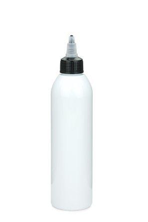 250 ml PET-Dosierflasche weiß, Ø 49,0 mm, On/Off-Verschluss (schwarz/transparent)