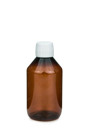 250 ml PET-Laborflasche Spritzeinsatz braun, Ø 63,0 mm, Verschluss weiß