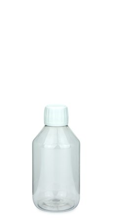 250 ml PET-Laborflasche Spritzeinsatz transparent, Ø 63,0 mm, Verschluss weiß