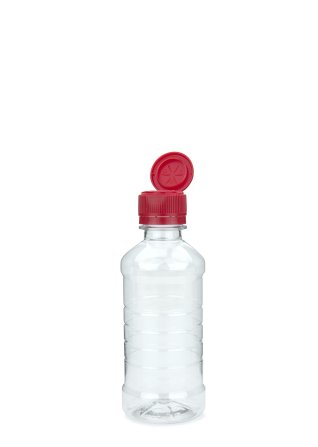 250 ml PET-Speiseöl-Flasche transparent, Ø 55,0 mm, Verschluss rot