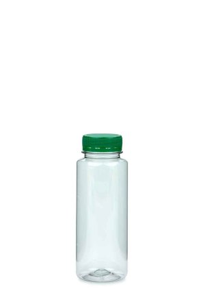 250 ml PET-Weithals-Smoothie-Flasche transparent, Ø 52,0 mm, Verschluss grün