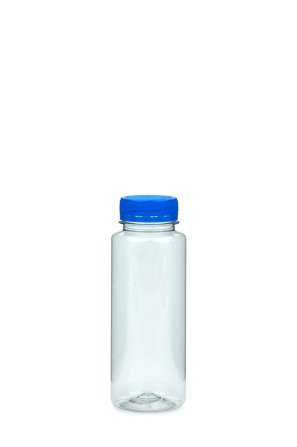 250 ml PET-Weithals-Smoothie-Flasche transparent, Ø 52,0 mm, Verschluss blau