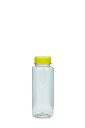 250 ml PET-Weithals-Smoothie-Flasche transparent, Ø 52,0 mm, Verschluss gelb
