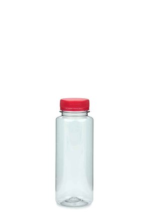 250 ml R-PET-Smoothie-Flasche transparent, Ø 52,0 mm, Verschluss rot