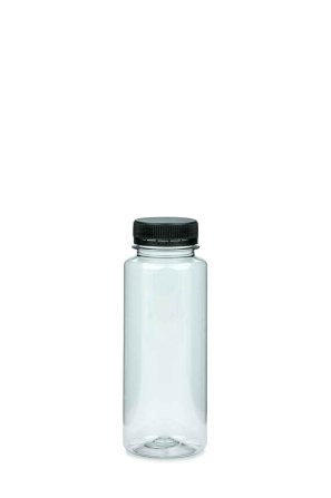 250 ml R-PET-Smoothie-Flasche transparent, Ø 52,0 mm, Verschluss schwarz