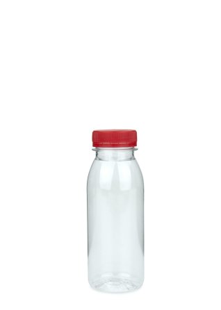 250 ml R-PET-Smoothie-Flasche transparent, Ø 54,0 mm, Verschluss rot