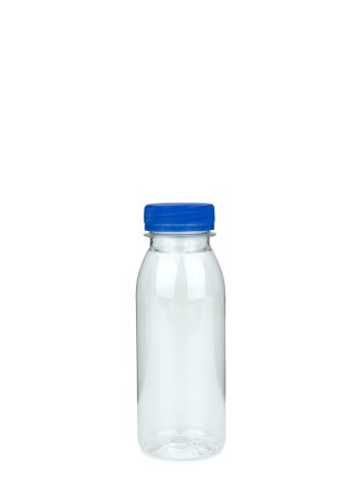 250 ml R-PET-Smoothie-Flasche transparent, Ø 54,0 mm, Verschluss blau