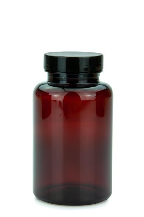 250 ml PET-Packer Schraubdose braun (45/400) – mit Pressure-Sensitive-Einlage, Deckel schwarz, glänzend