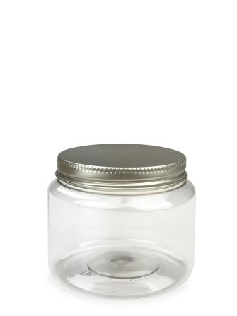 250 ml PET-Classic Tiegel klar (70/400) – Alu-Deckel silber, glänzend, EPE-Einlage