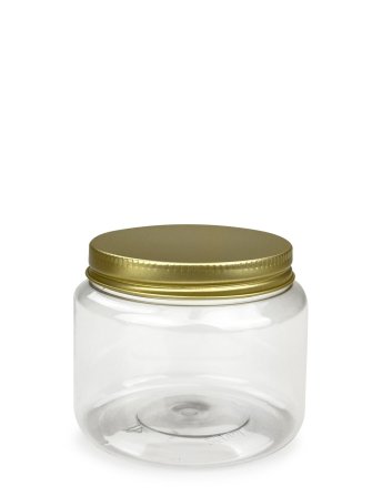 250 ml PET-Classic Tiegel klar (70/400) – Alu-Deckel gold, matt, EPE-Einlage