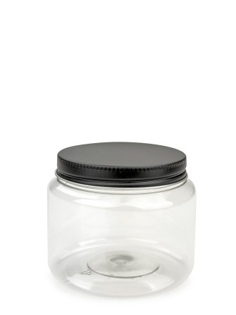 250 ml PET-Classic Tiegel klar (70/400) – Alu-Deckel schwarz-silber, matt, EPE-Einlage