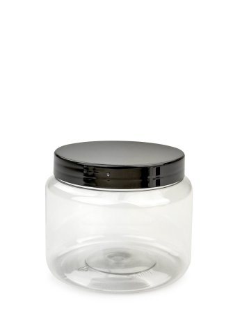 250 ml PET-Classic Tiegel klar (70/400) – Deckel schwarz, glänzend, EPE-Einlage
