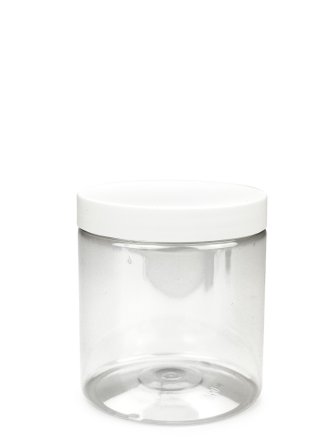 250 ml PET-Cylindrical Zylinderdose klar (70/400) – Deckel weiß, matt, Dichtkonus