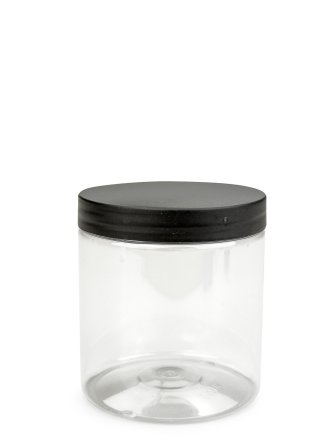 250 ml PET-Cylindrical Zylinderdose klar (70/400) – Deckel schwarz, matt, EPE-Einlage
