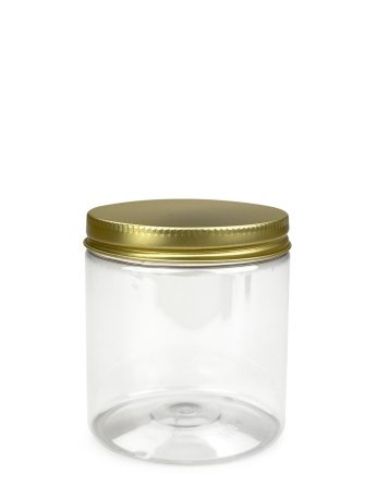 250 ml PET-Cylindrical Zylinderdose klar (70/400) – Alu-Deckel gold, matt, EPE-Einlage