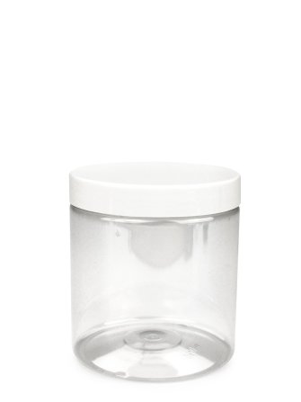 250 ml PET-Cylindrical Zylinderdose klar (70/400) – Deckel weiß, glänzend, Dichtkonus
