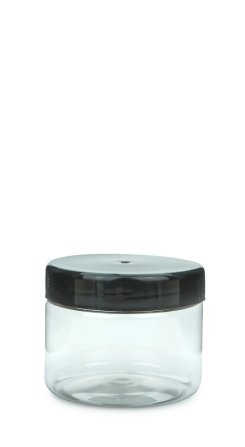 250 ml PET-Weithalstiegel 82 klar, rund (82 RTS) – Deckel schwarz, glänzend, Dichtkonus