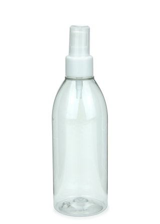 250 ml R-PET-Flasche transparent, Ø 54,5 mm, Lotionpumpe weiß