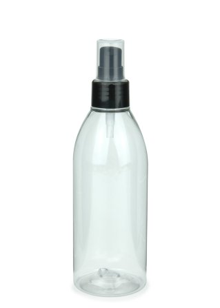 250 ml R-PET-Flasche transparent, Ø 54,5 mm, Lotionpumpe schwarz