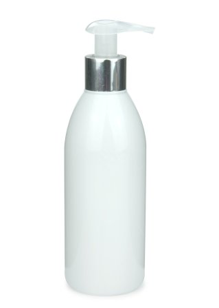250 ml R-PET-Flasche weiß, Ø 54,5 mm, Seifenpumpe natur/Metall